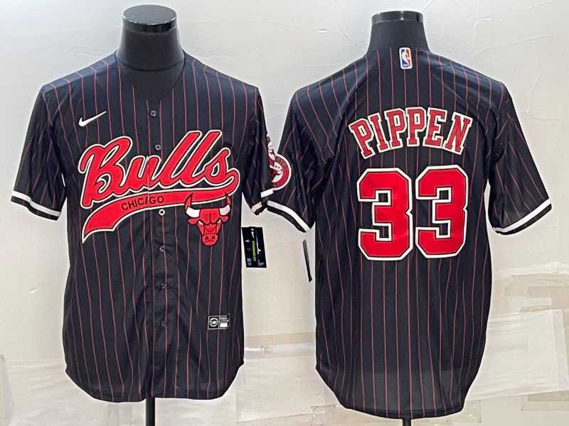 Men%27s Chicago Bulls #33 Scottie Pippen Black Pinstripe With Patch Cool Base Stitched Baseball Jersey